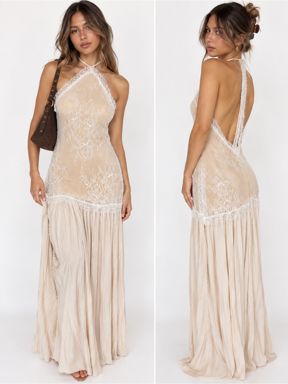 Fairy Coquette Boutie Brand Lace Halter Maxi Dress in Beige&Ivory
